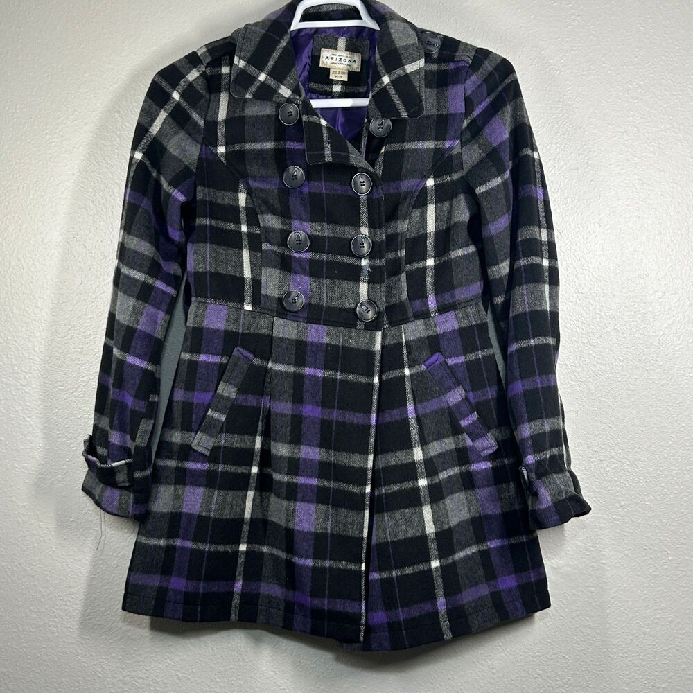 Arizona Jean Company Coat Womens M Double‎ Breasted Plaid Black Purple Lined